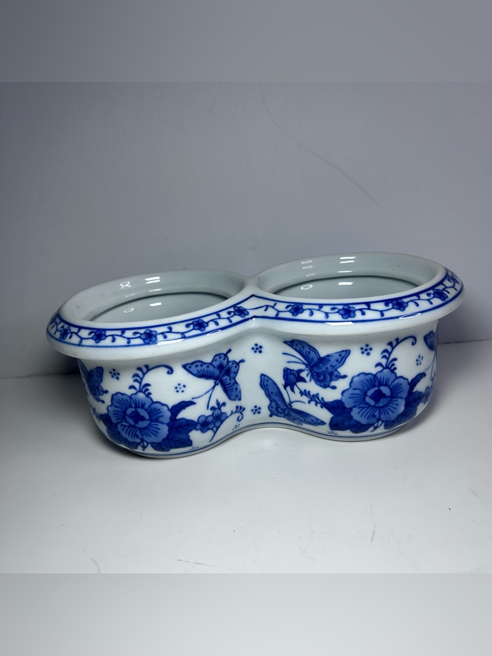 Vintage Blue and White Double Porcelain Planter Floral Butterflies